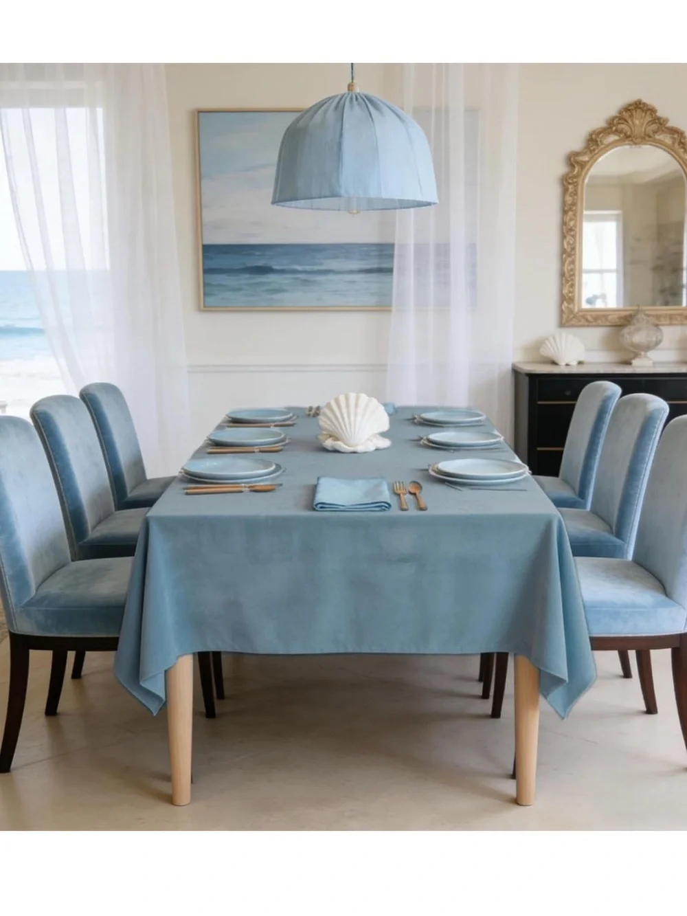 New sky blue velvet tablecloth 104” X 60”